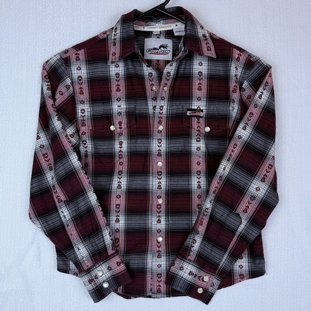 Cowboy Hardware Boys Medium 7/8 Pearlsnap Western Cowboy Shirt Plaid Red Black